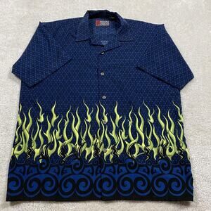 Y2K Pineapple Connection Shirt Mens L Blue Flame Hawaiian Button Up VTG Grunge
